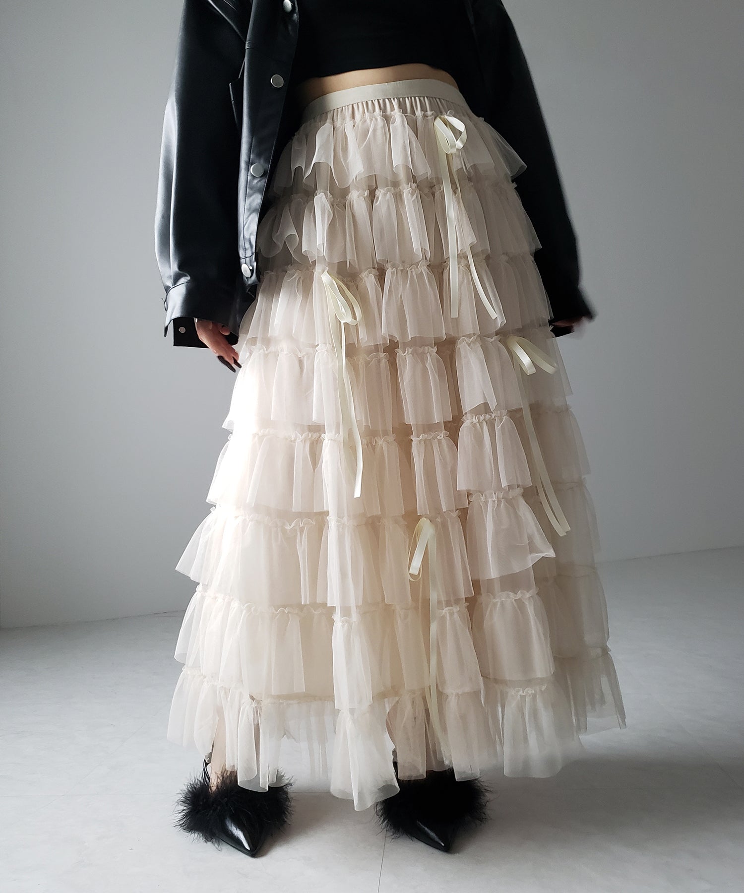 【 新色ピンク追加!/5color 】ストラップリボンバレエコアチュールスカート /strap ribbon ballet core tulle skirt