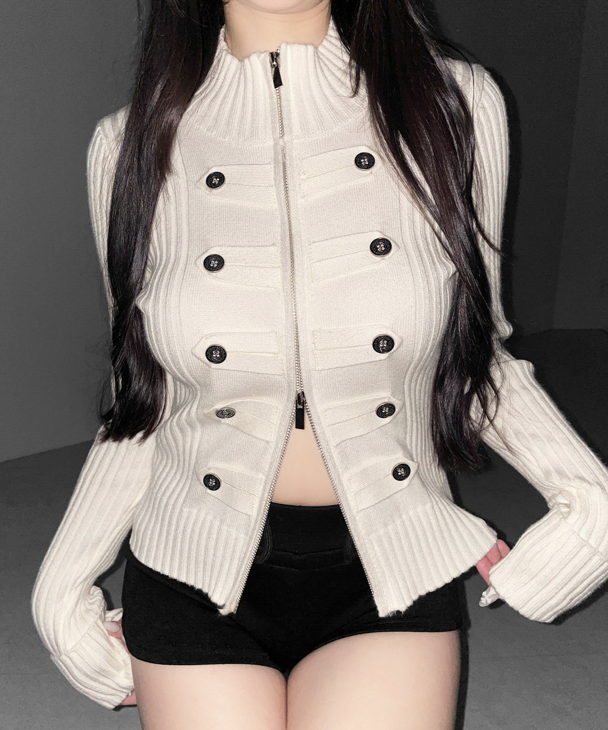 ナポレオンジップアップスリムリブニットカーディガン / Napoleon zipup slim rib knit cardigan