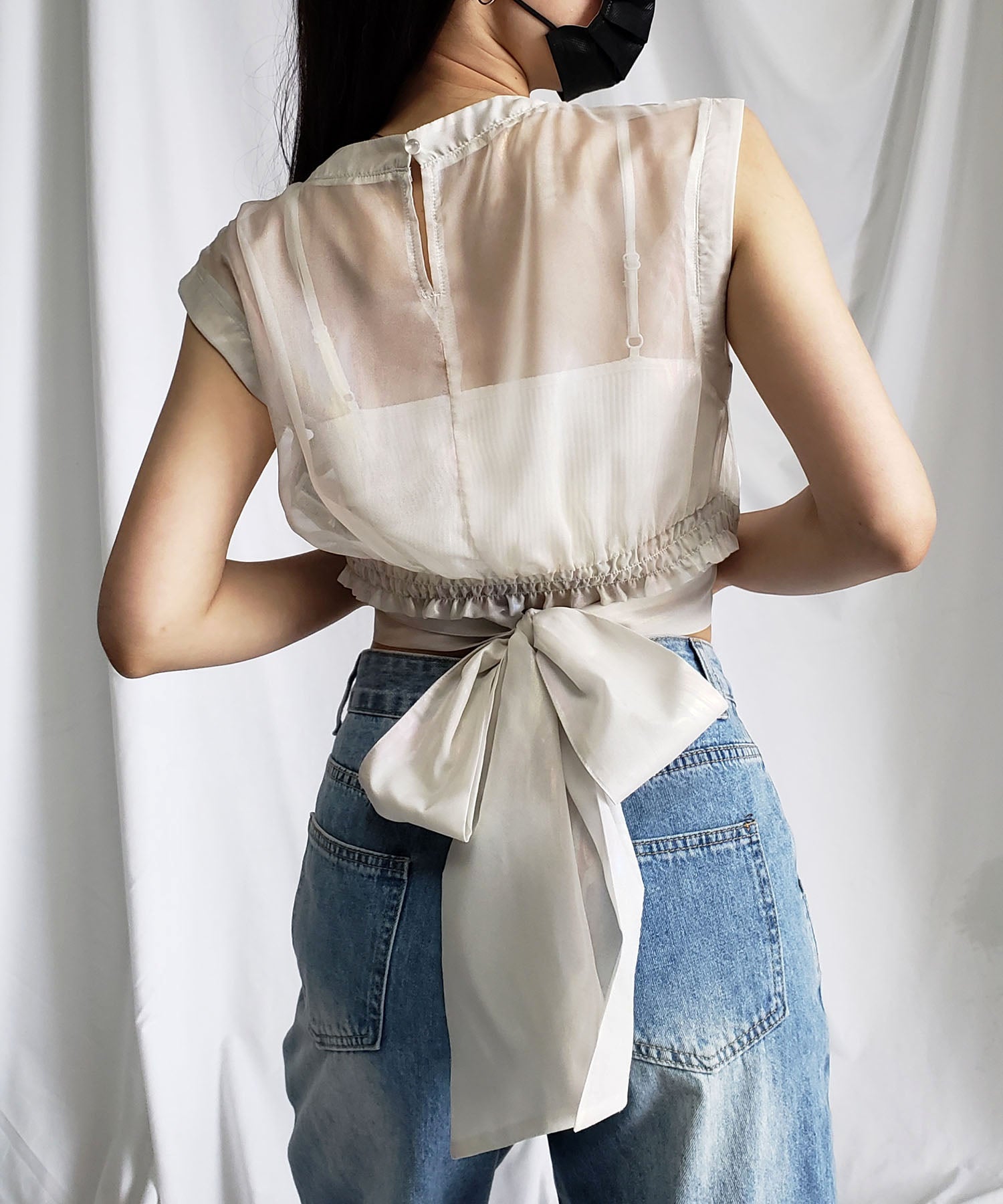 【 3color 】オーロラグロスオーガンジーバックリボンショートブラウス / Aurora gloss organdy back ribbon short Blouse