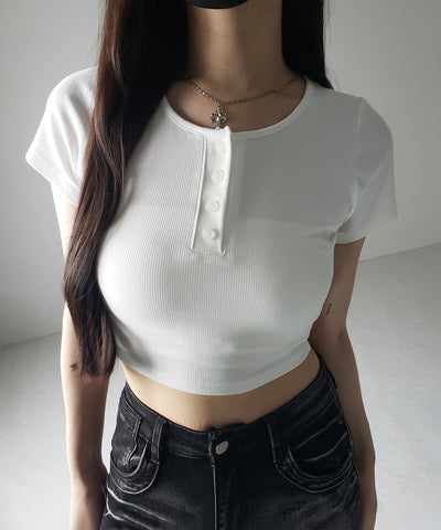 ヘンリーネック半袖ショートリブTシャツ /henley neck short sleeve short lib T-shirt