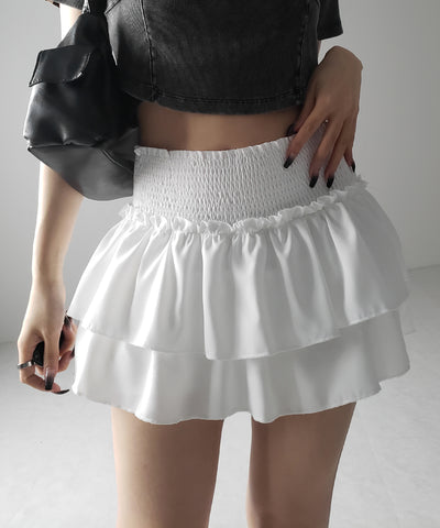 2段フリルシャーリングミニスカパン / double frill shirring mini skirt pants