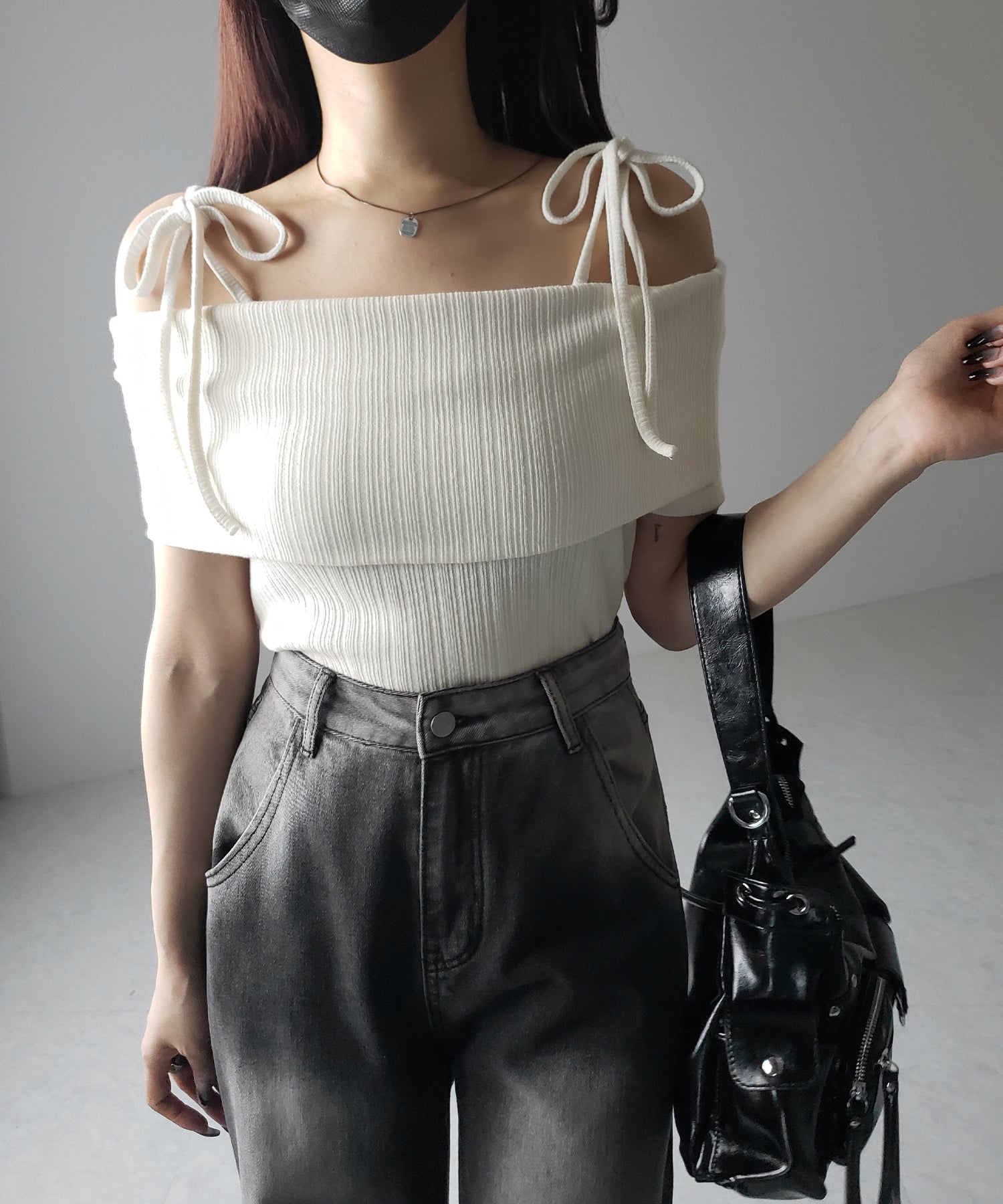 【 2color 】ダブルリボンオフショルダーリブトップス / double ribbon off-shoulder rib tops