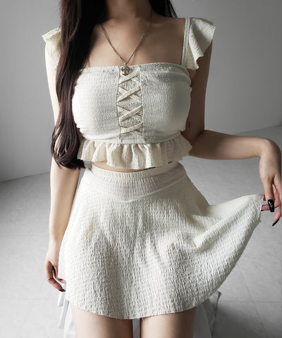 【 レディース水着/2点セット 】レースアップショルダーフリルハイウエストフレアビキニ / lace-up shoulder frill high waist flare bikini