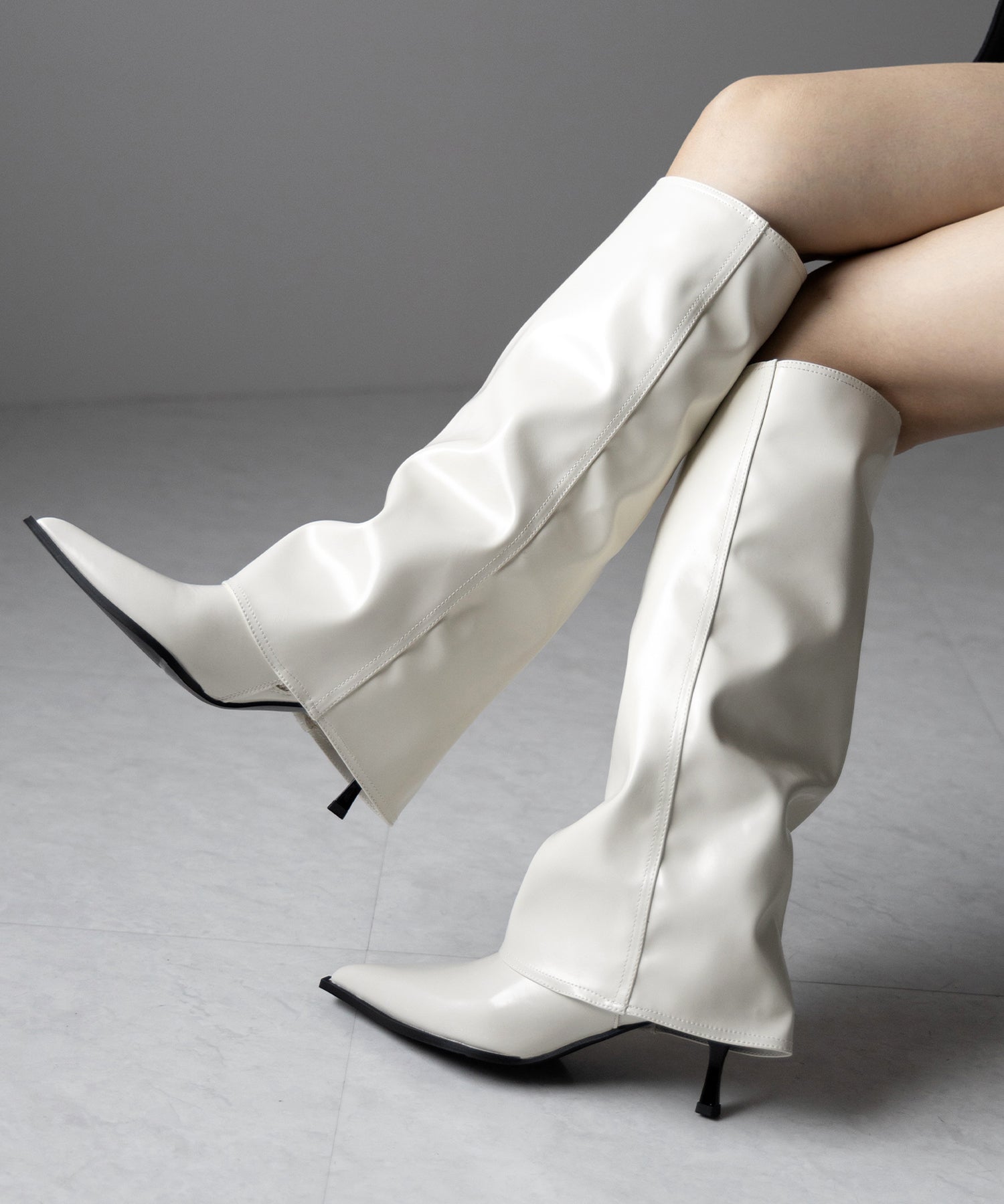 【 2color 】ポインテッドトゥフェイクレザーカバーロングブーツ / pointed toe fake leather covered long boots