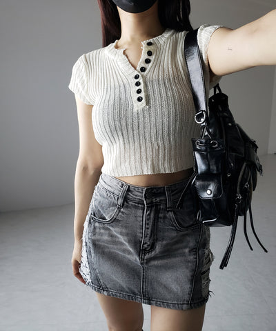 キーネックショートサマーリブニットトップス / Key neck short summer rib knit tops