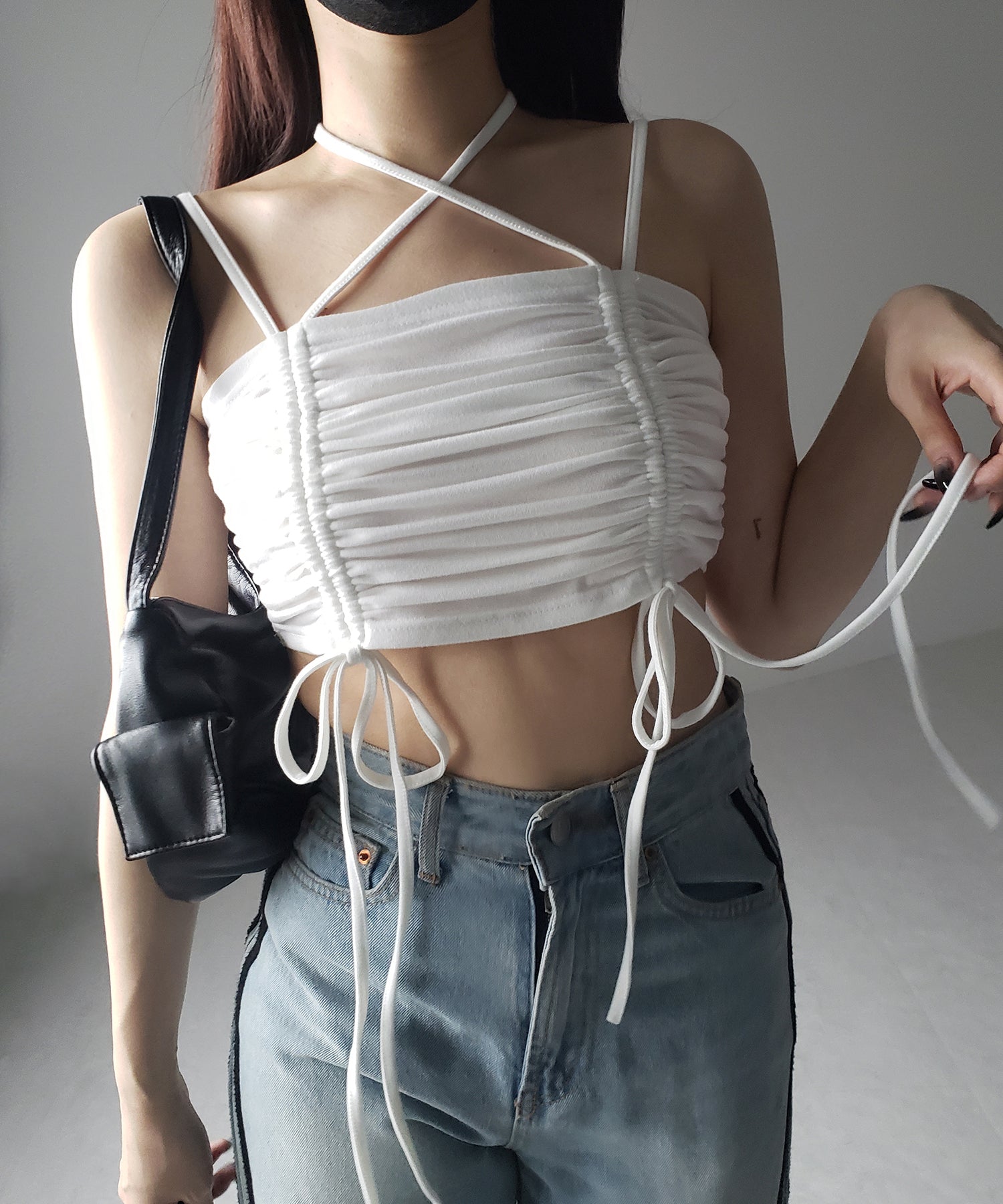 3WAYクロスストラップリボンシャーリングショートキャミソール / 3WAY cross strap ribbon shirring short camisole