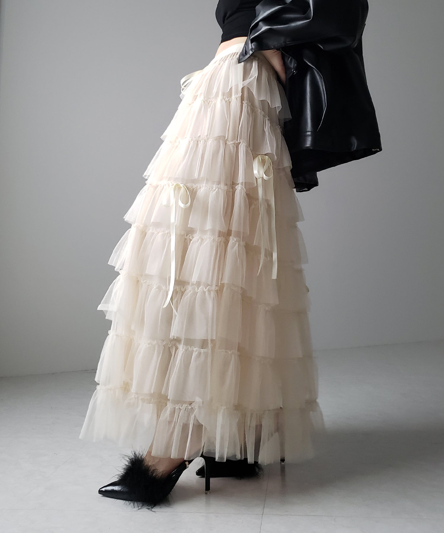 【 4color 】ストラップリボンバレエコアチュールスカート /strap ribbon ballet core tulle skirt