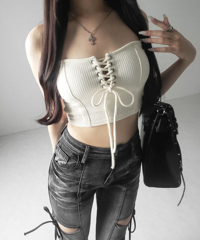 【カップ付き 】レースアップコルセットリボンショートリブベアトップ / laceup corset ribbon short ribbed bare top