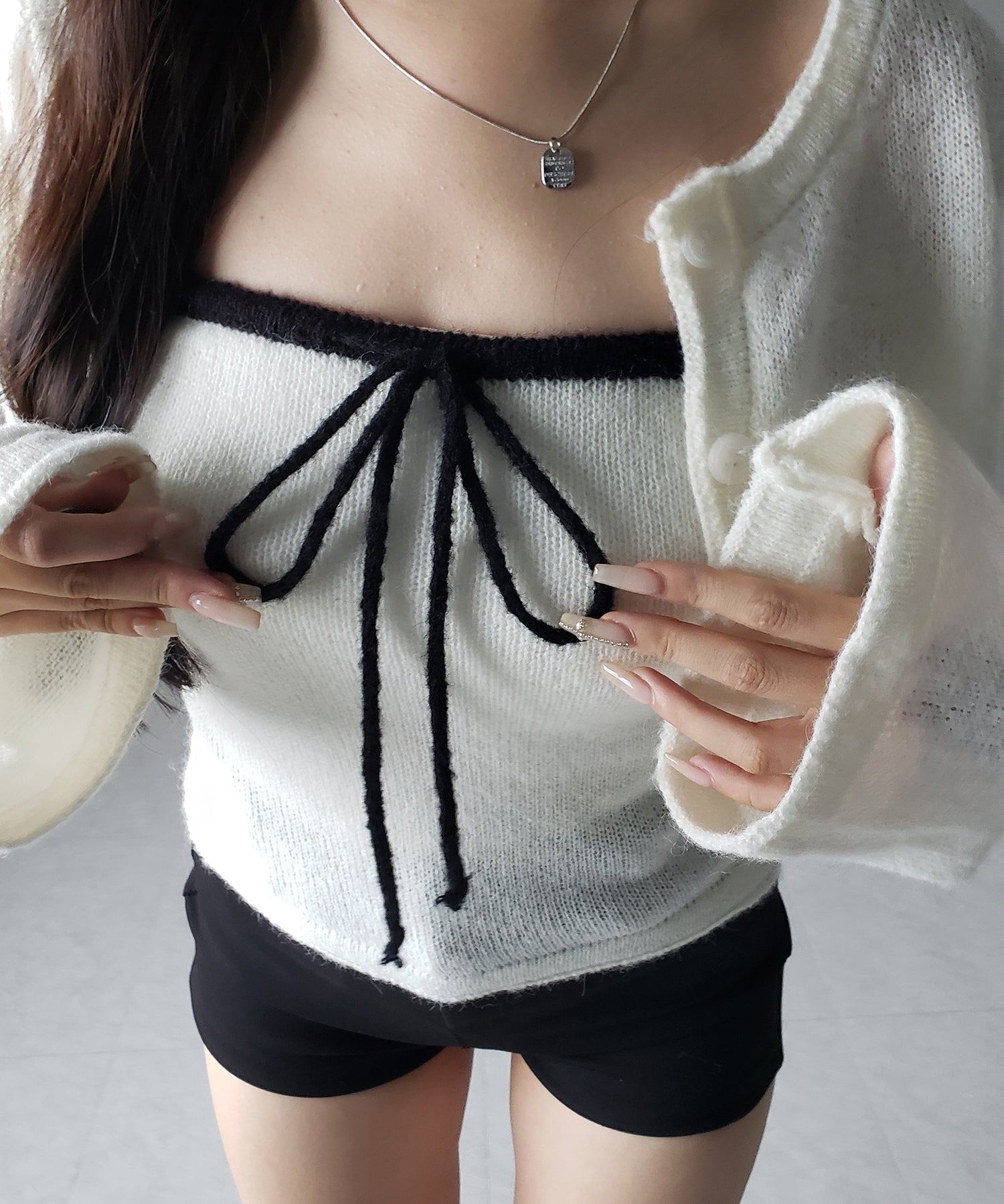 【 2点セット 】フロントリボンニットベアトップ + 長袖ショートカーディガン SET / front ribbon knit bare top + long sleeve short cardigan set