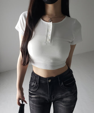 ヘンリーネック半袖ショートリブTシャツ /henley neck short sleeve short lib T-shirt