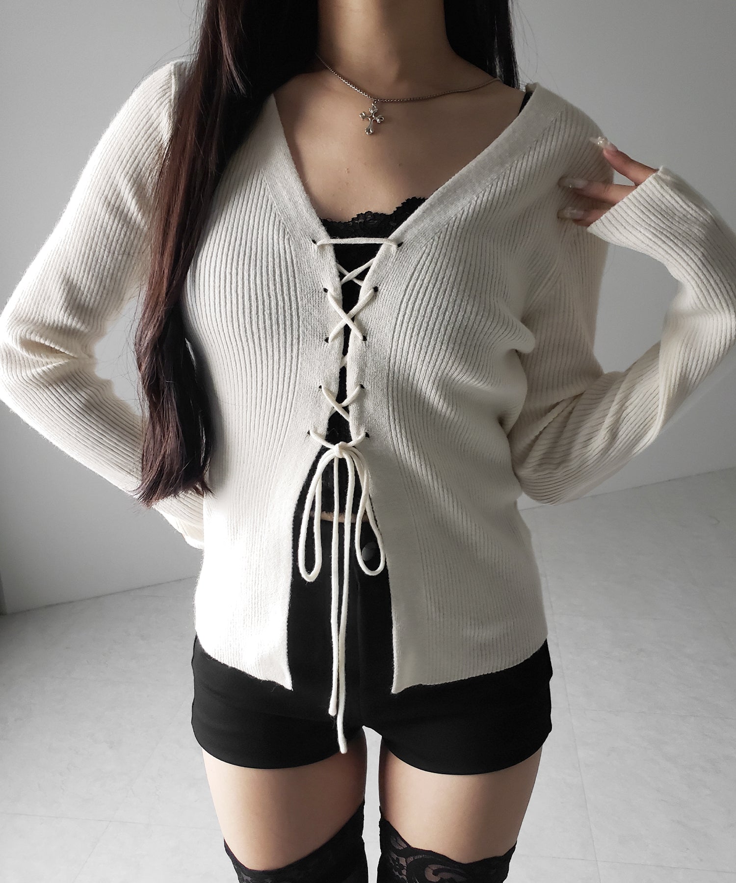 【 3color 】レースアップリボンリブニットカーディガン / lace up ribbon rib knit cardigan