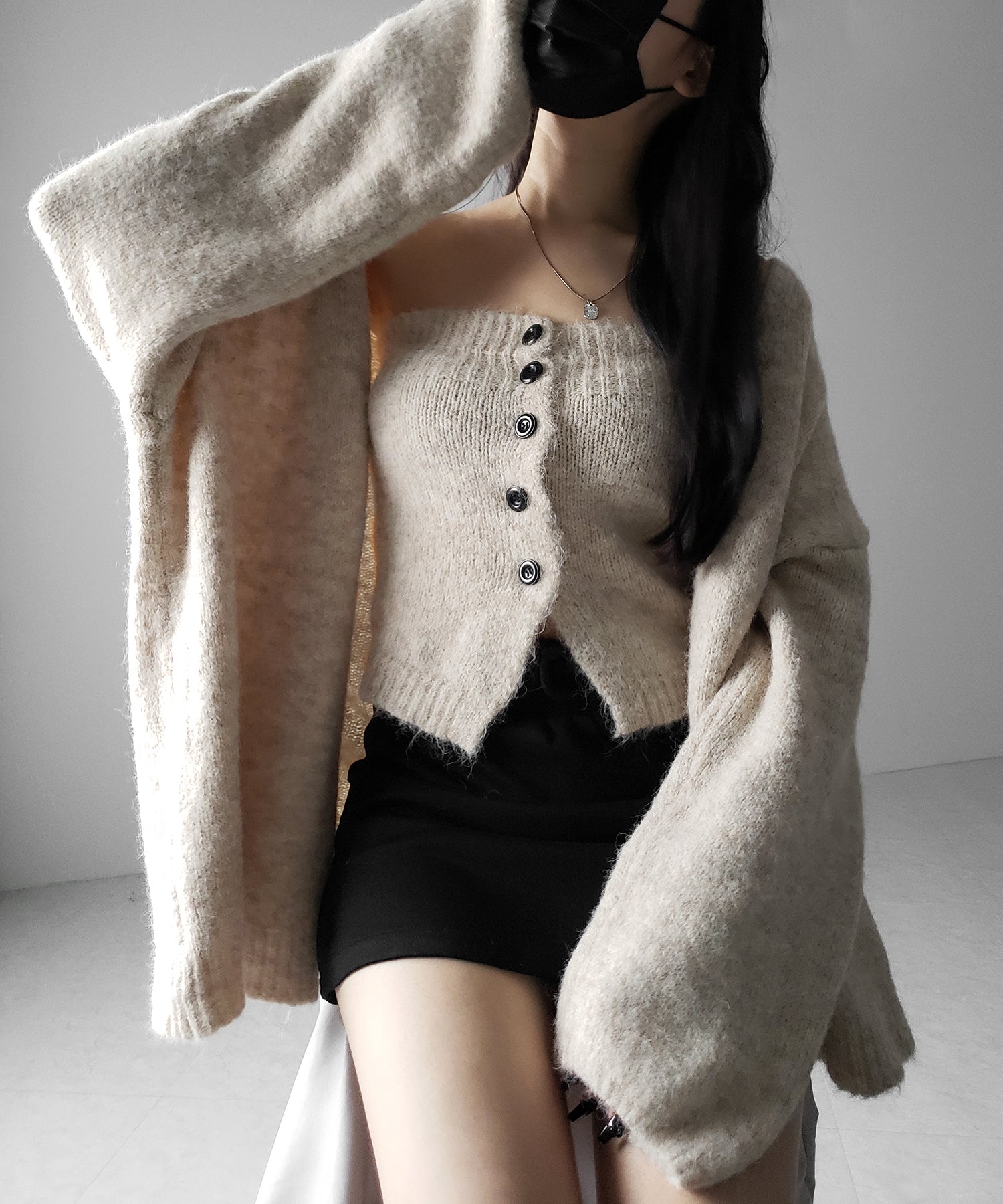 【 新色追加 /2点セット 】ニットボタンビスチェ +ロングカーディガンセット / knit button bustier + long cardigan set