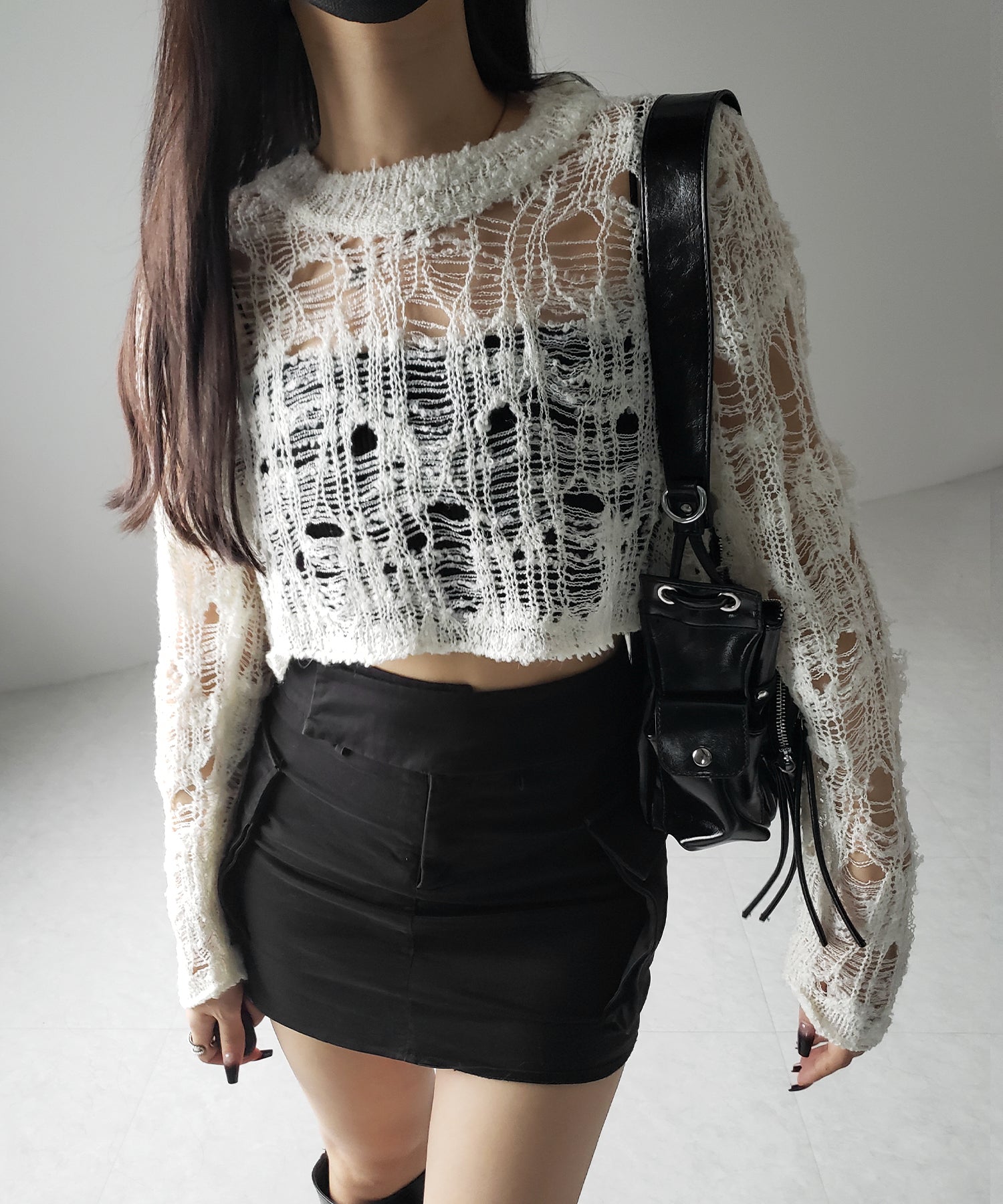 クラッシュダメージショートシアーニット / crush damage short sheer knit