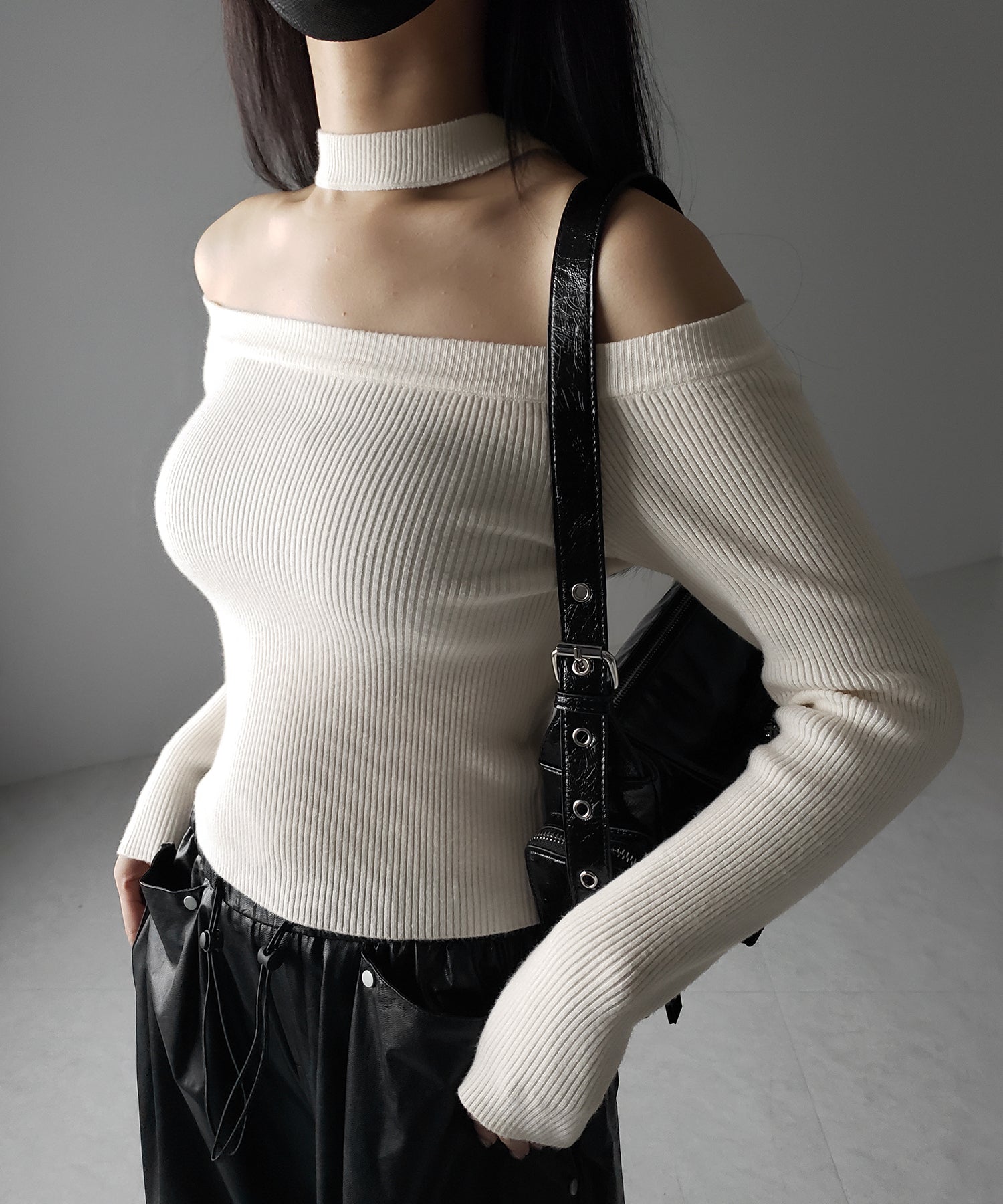 【 2color 】チョーカーオフショルリブニットトップス /choker offshoulder lib knit tops