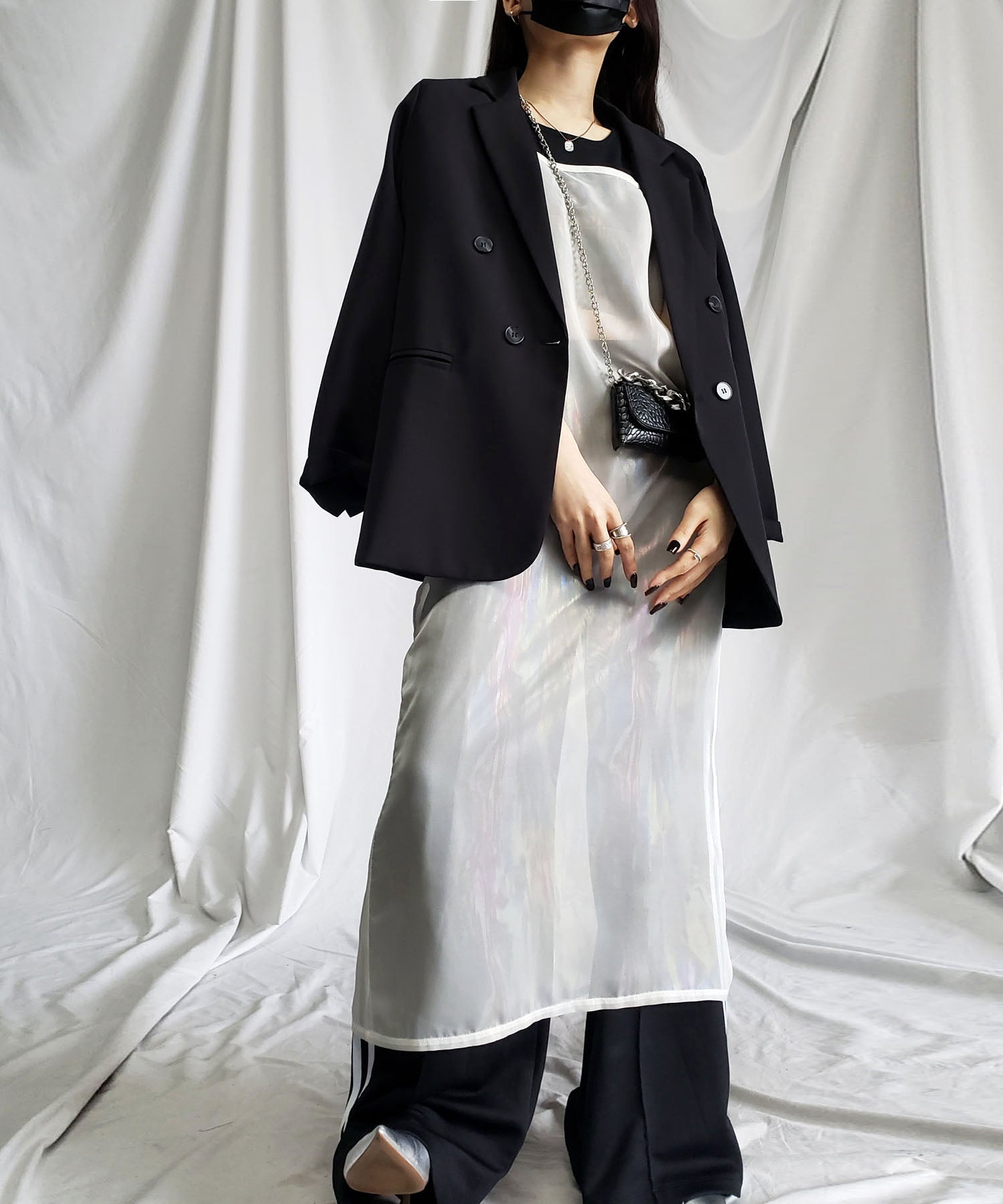 【 3color 】オーロラグロスオーガンジーバックスリットストレートキャミワンピース / Aurora gloss organdy backslit straight cami onepiece