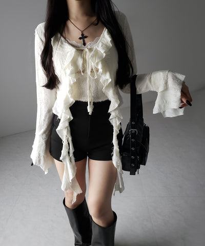 ダメージフリルショートリボンカーディガン / damage frill short ribbon cardigan