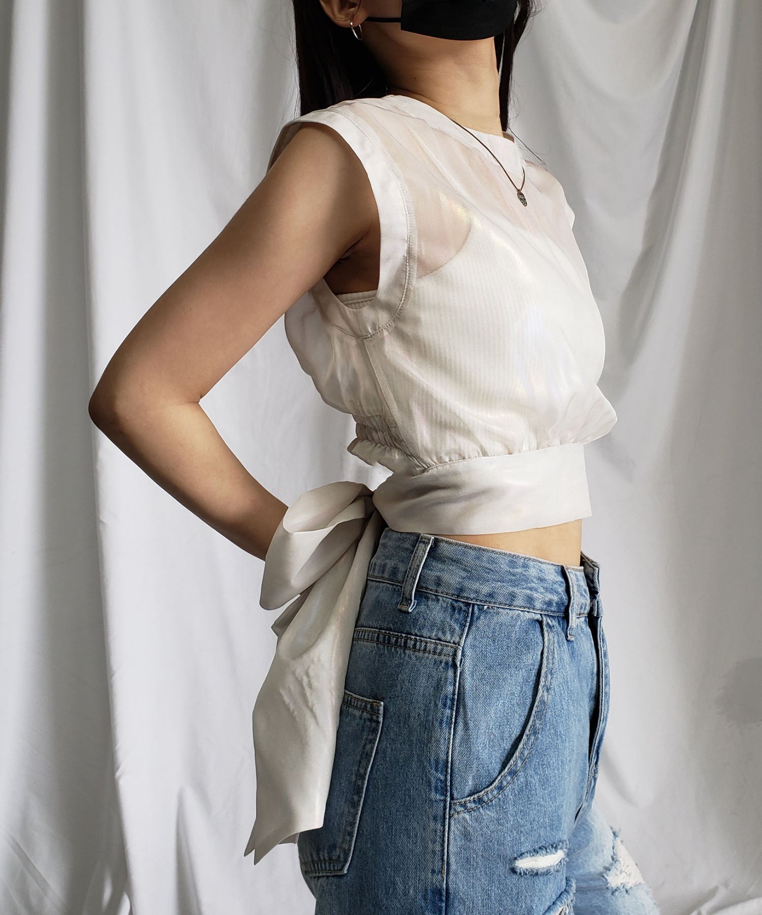 【 3color 】オーロラグロスオーガンジーバックリボンショートブラウス / Aurora gloss organdy back ribbon short Blouse