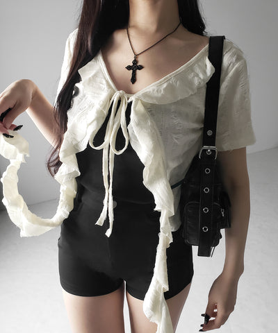 ダメージフリル半袖ショートリボンカーディガン / damage frill short sleeve short ribbon cardigan