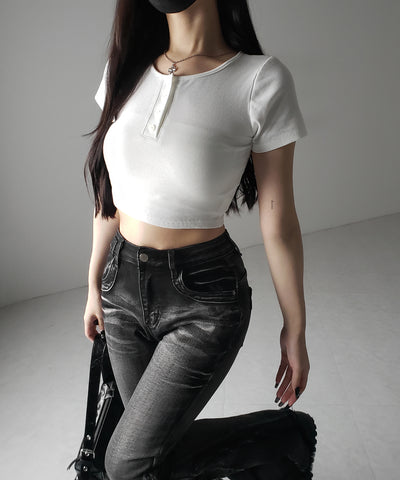 ヘンリーネック半袖ショートリブTシャツ /henley neck short sleeve short lib T-shirt