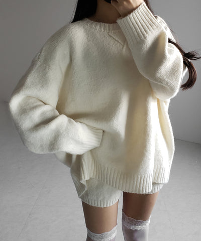 【 ニットセットアップ 】フラッフィーオーバーサイズニット + ニットショートパンツ SET / fluffy over size knit + knit short pants SET