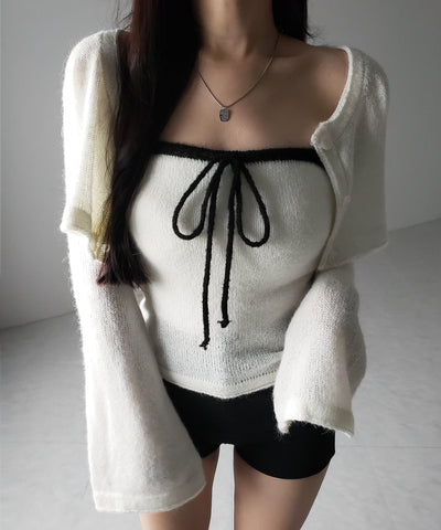 【 2点セット 】フロントリボンニットベアトップ + 長袖ショートカーディガン SET / front ribbon knit bare top + long sleeve short cardigan set