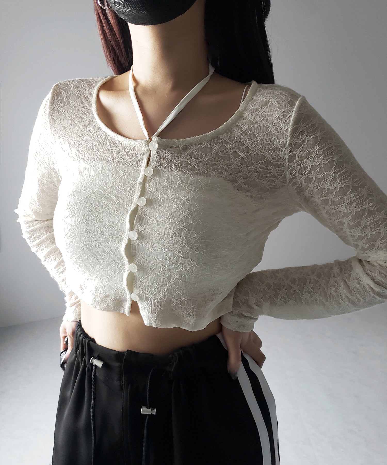 【 2WAY 】クロスストラップリボンショートレースカーディガン / cross strap ribbon short lace cardigan