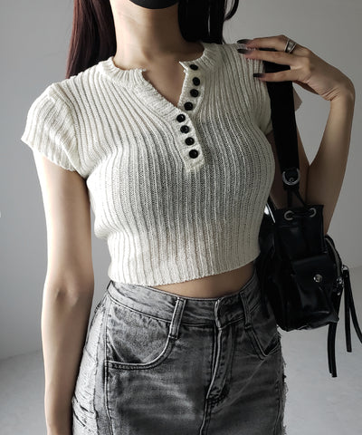 キーネックショートサマーリブニットトップス / Key neck short summer rib knit tops