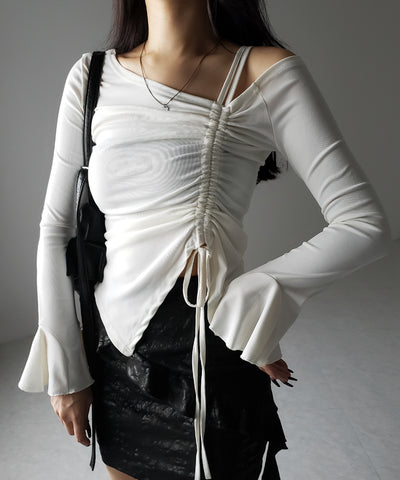 シャーリングリボンスリットワンショルダートップス / shirring ribbon slit one shoulder tops