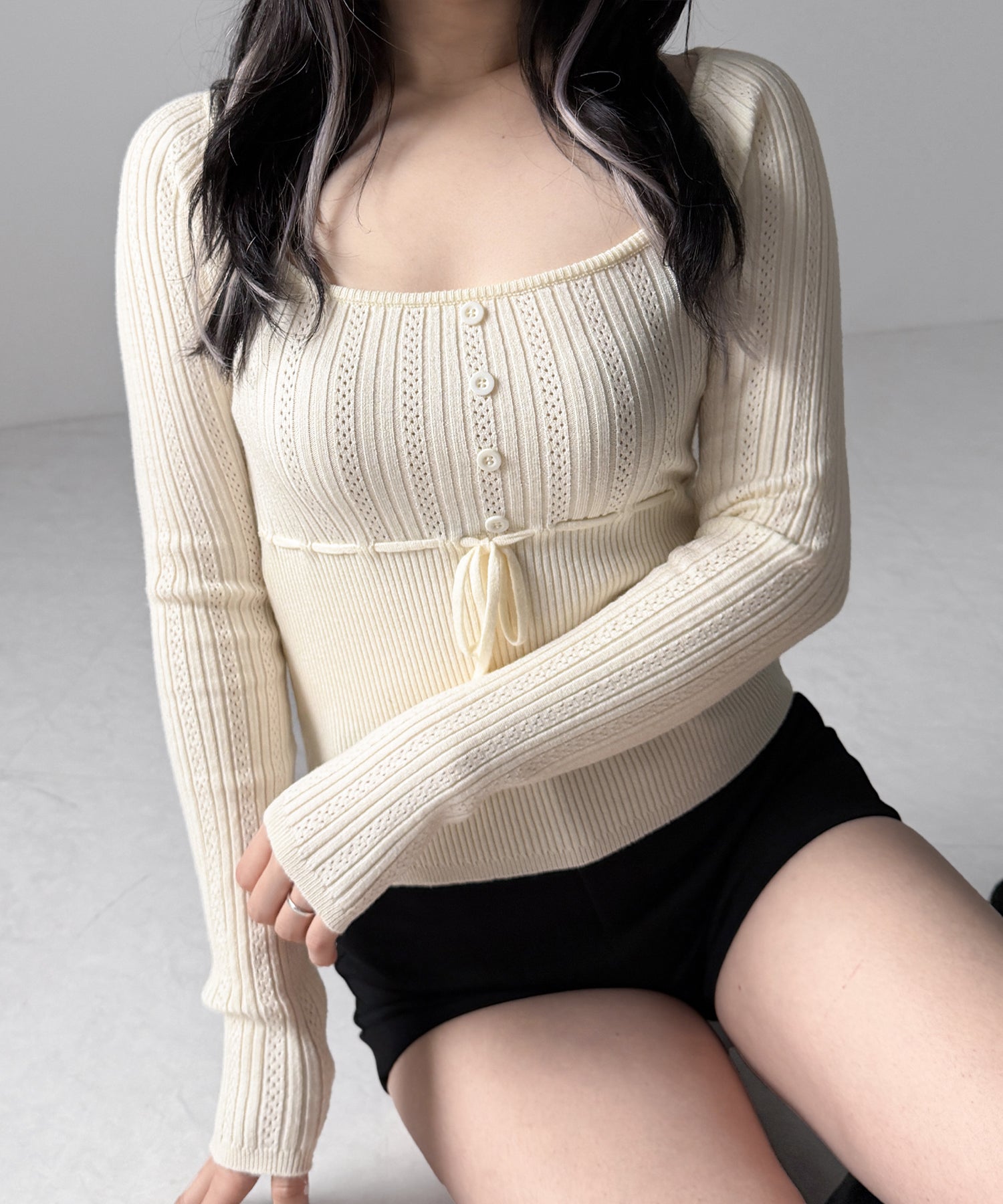 スリムフィット透かし柄リブニット / slim fit watermark pattern rib knit tops
