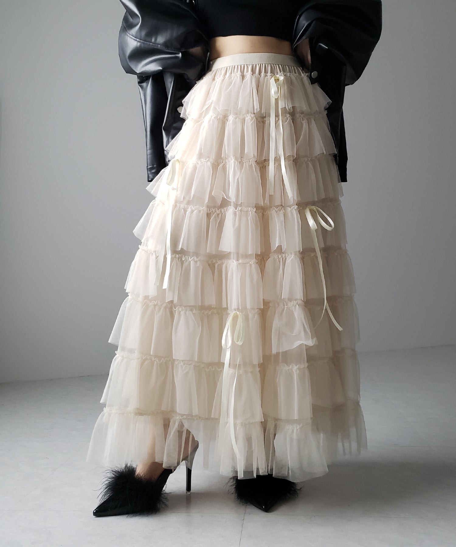 【 新色ピンク追加!/5color 】ストラップリボンバレエコアチュールスカート /strap ribbon ballet core tulle skirt
