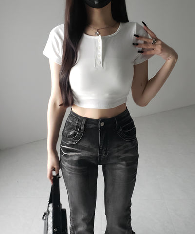 ヘンリーネック半袖ショートリブTシャツ /henley neck short sleeve short lib T-shirt