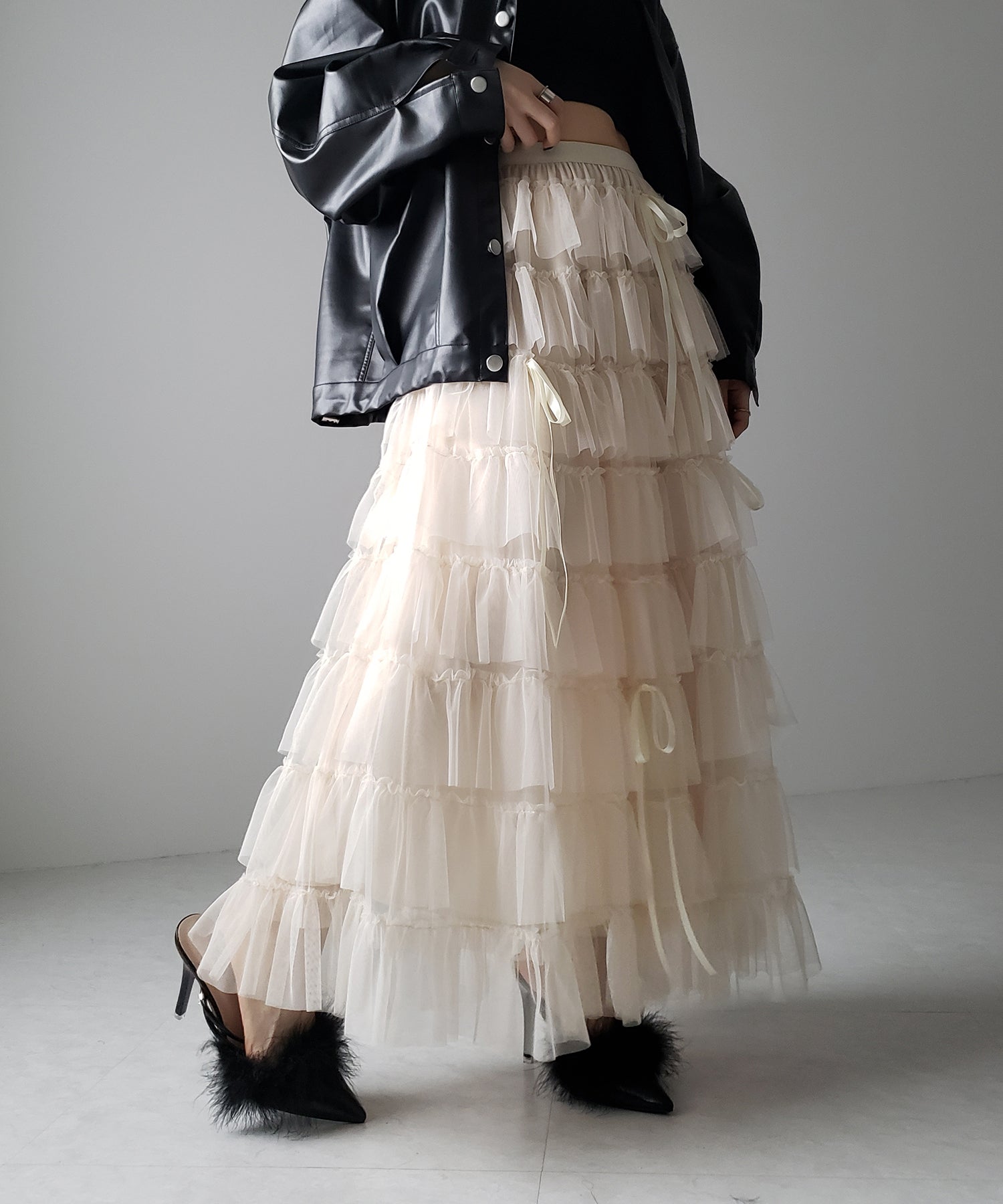 【 新色ピンク追加!/5color 】ストラップリボンバレエコアチュールスカート /strap ribbon ballet core tulle skirt