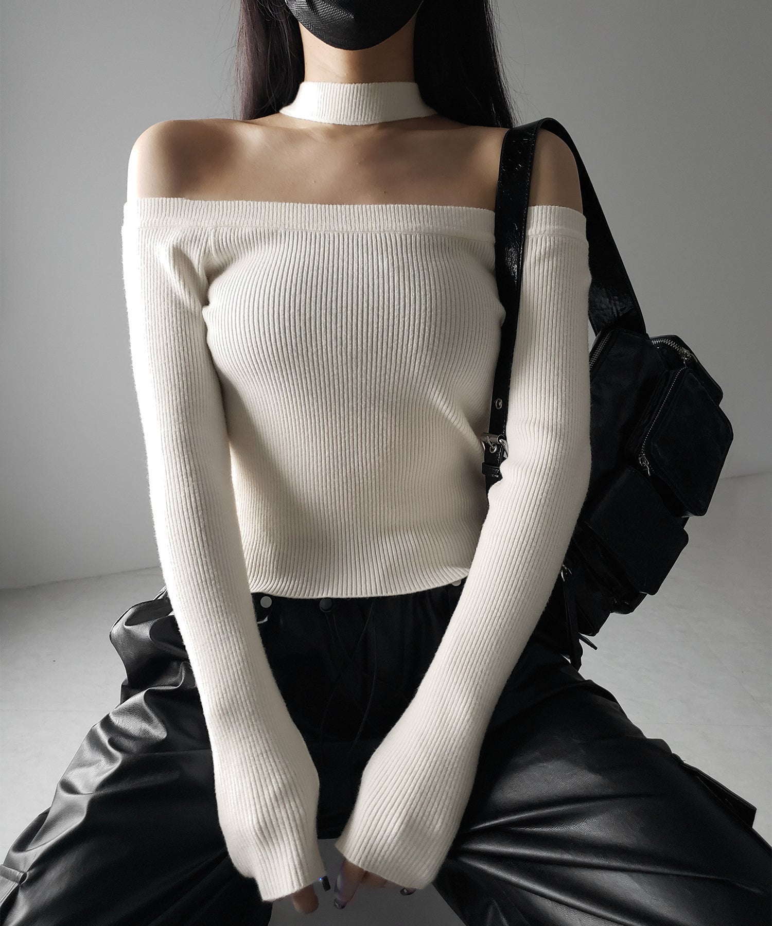 【 2color 】チョーカーオフショルリブニットトップス /choker offshoulder lib knit tops