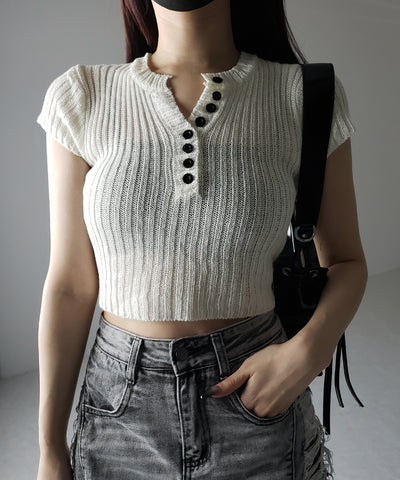 キーネックショートサマーリブニットトップス / Key neck short summer rib knit tops