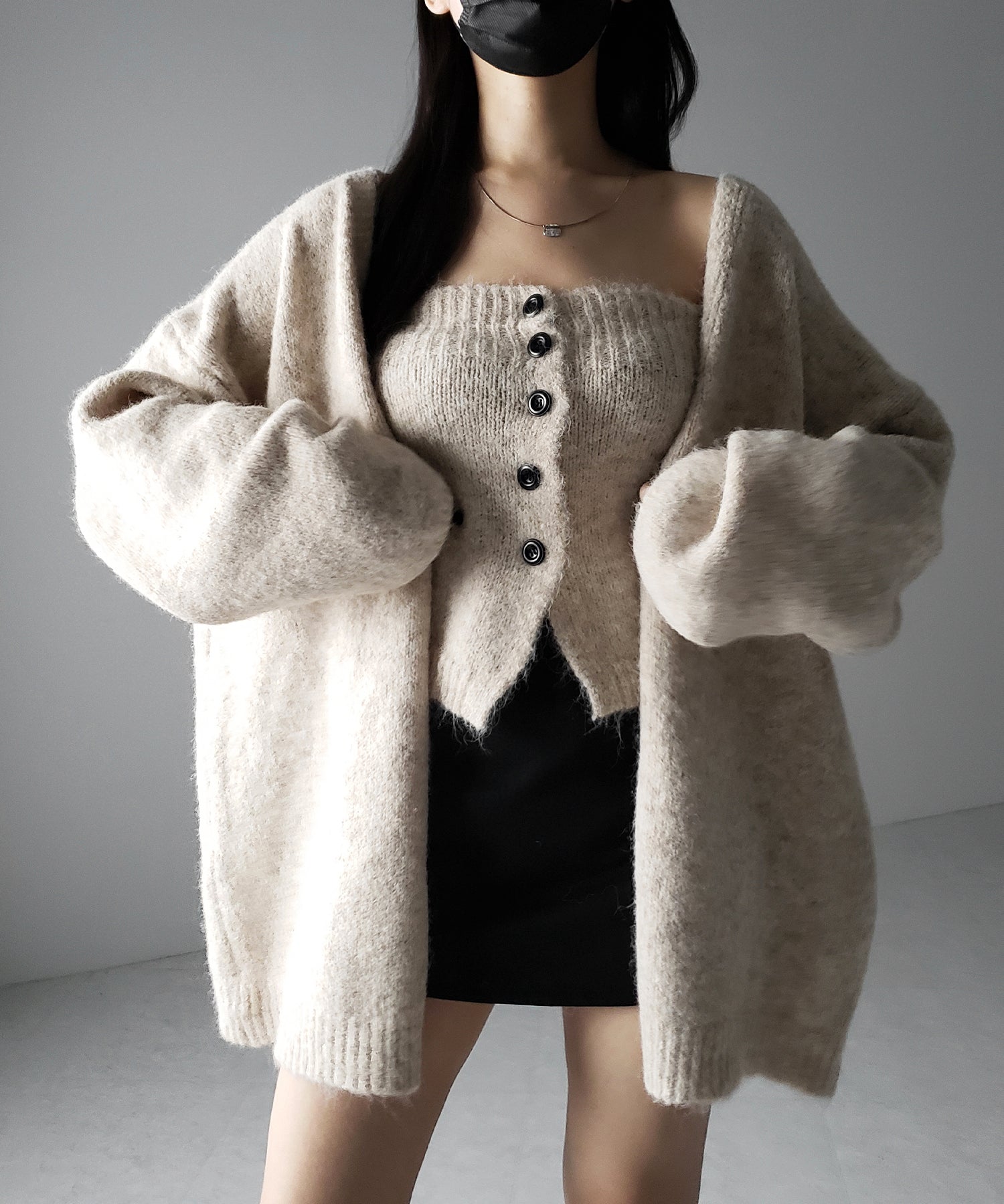 【 2点セット 】ニットボタンビスチェ +ロングカーディガンセット / knit button bustier + long cardigan set