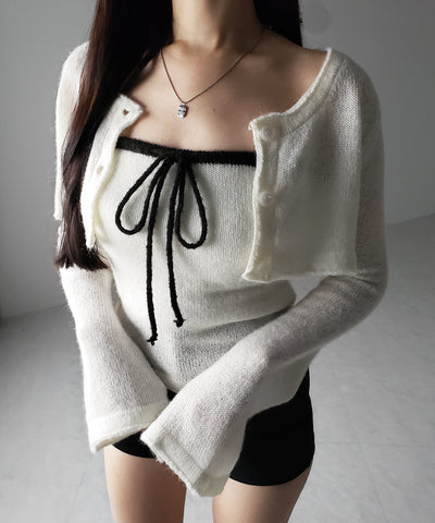 【 2点セット 】フロントリボンニットベアトップ + 長袖ショートカーディガン SET / front ribbon knit bare top + long sleeve short cardigan set
