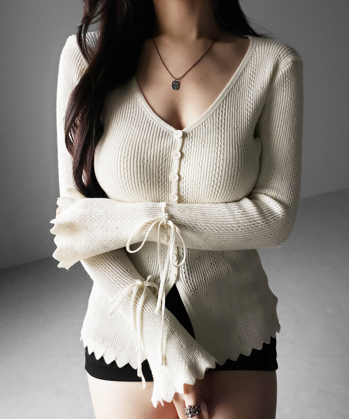 フレアリボンスリーブ透かし編みニットカーディガン / flare ribbon sleeve openwork knit cardigan