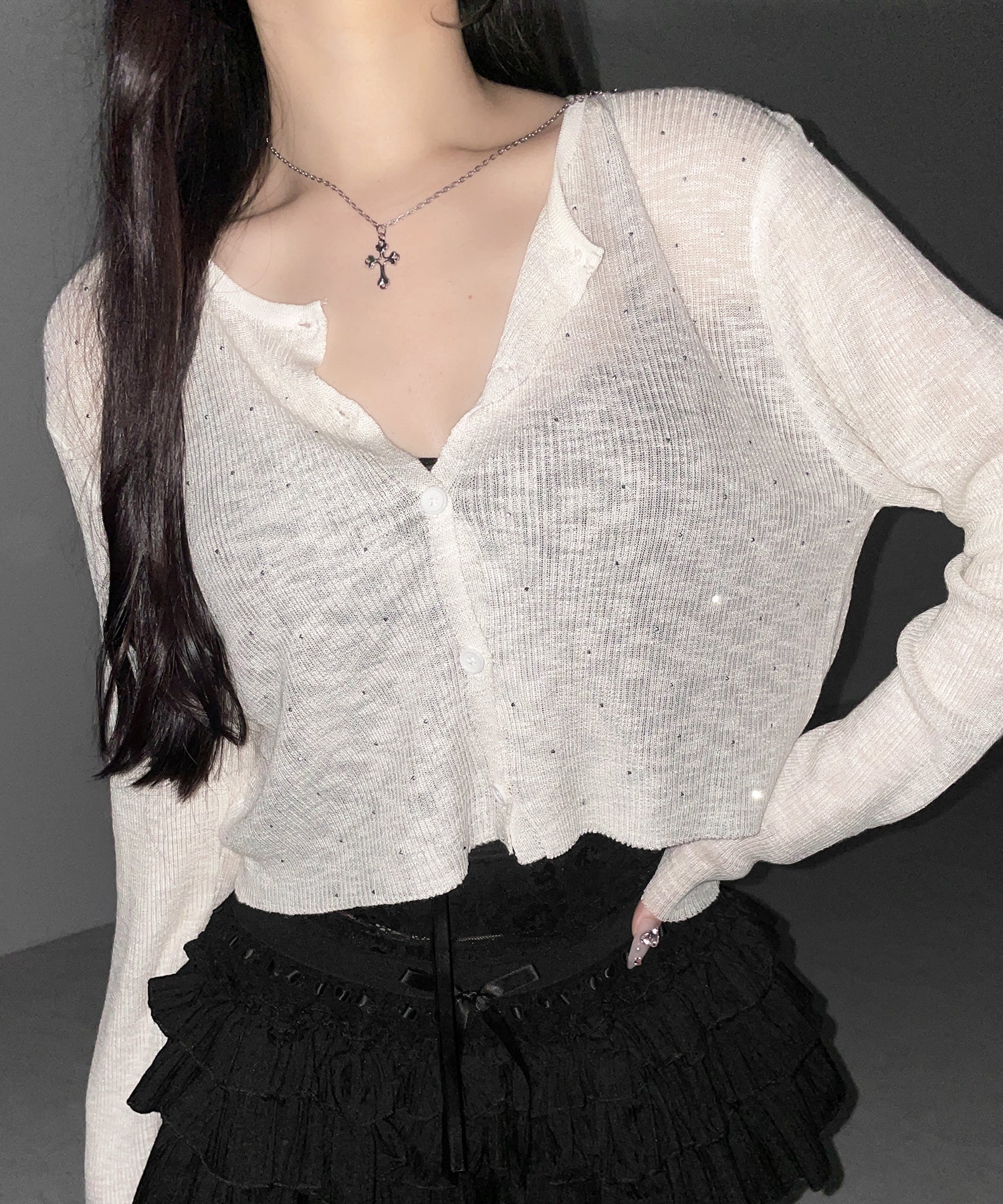 ラインストーンシアーニットカーディガン / Rhine stone sheer knit cardigan