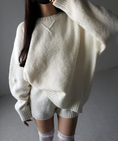 【 ニットセットアップ 】フラッフィーオーバーサイズニット + ニットショートパンツ SET / fluffy over size knit + knit short pants SET