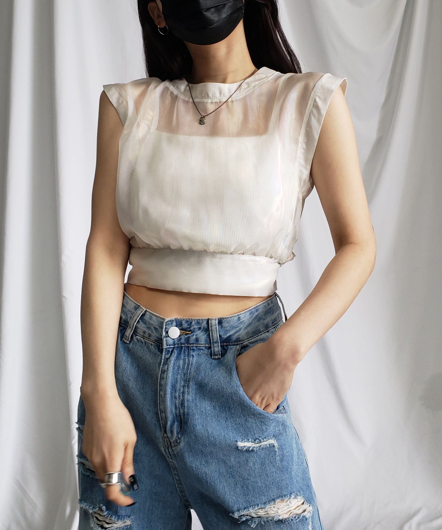 【 3color 】オーロラグロスオーガンジーバックリボンショートブラウス / Aurora gloss organdy back ribbon short Blouse