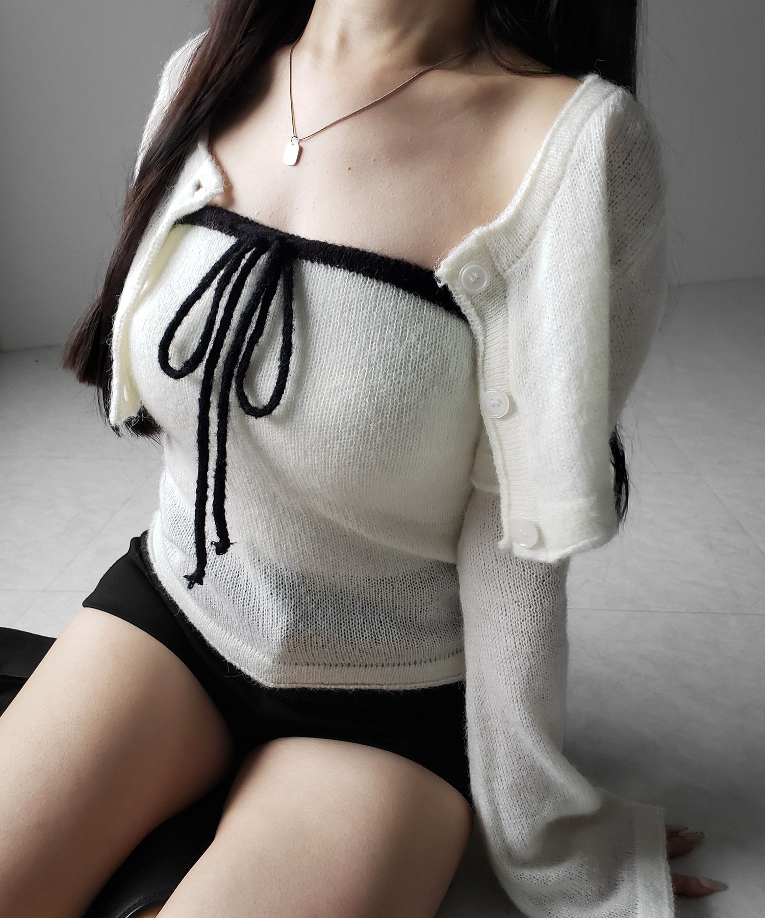 【 2点セット 】フロントリボンニットベアトップ + 長袖ショートカーディガン SET / front ribbon knit bare top + long sleeve short cardigan set