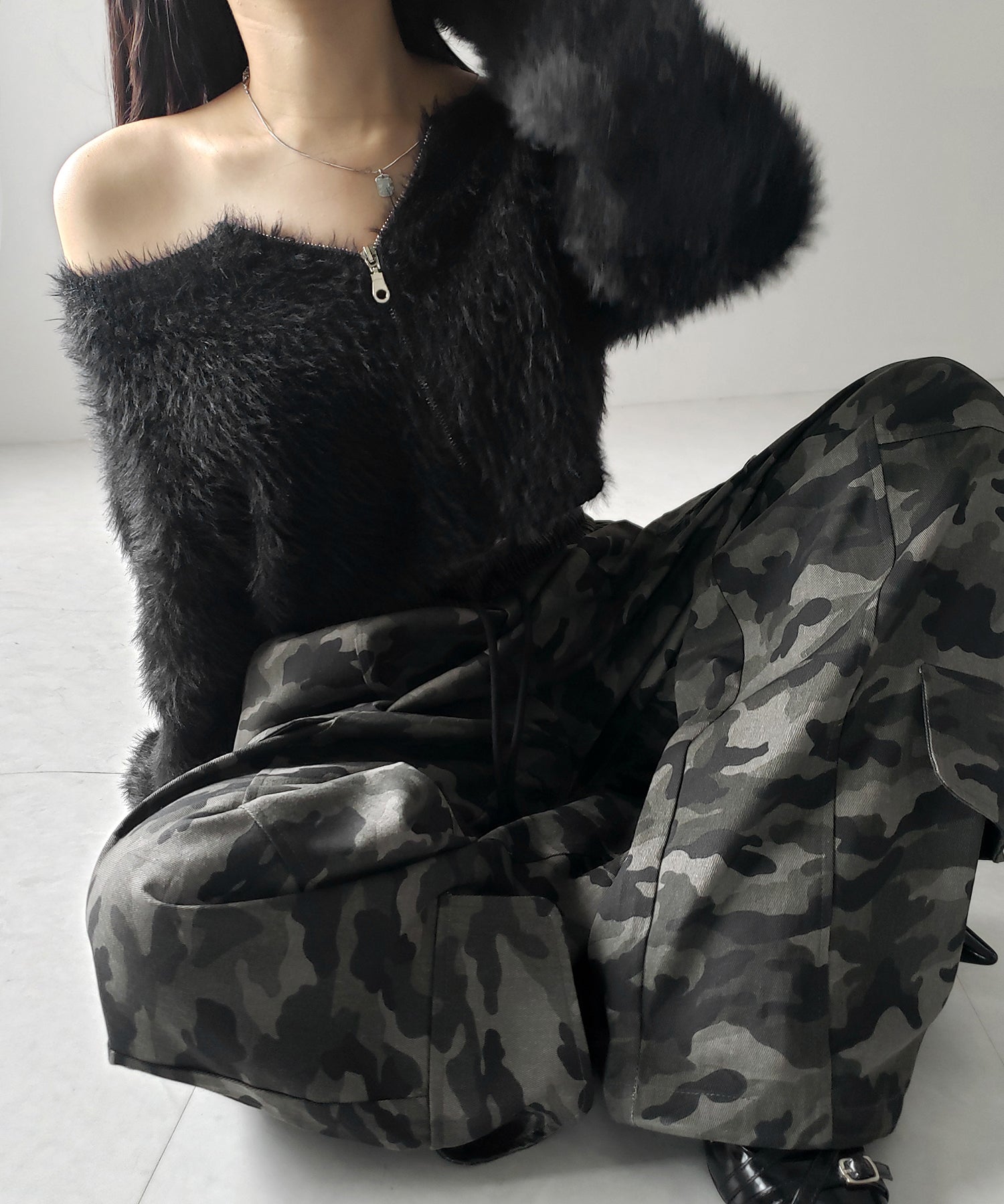【 裾絞り可能2WAY 】カモフラミリタリーツイルワイドカーゴパンツ / camouflage military twill wide cargo pants