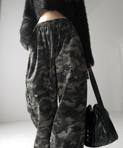 【 裾絞り可能2WAY 】カモフラミリタリーツイルワイドカーゴパンツ / camouflage military twill wide cargo pants