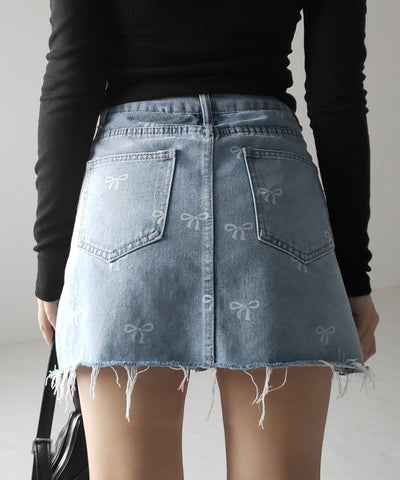 【 インパン裏地付き 】リボンプリントダメージデニムミニスカート / ribbon print damage denim mini skirt