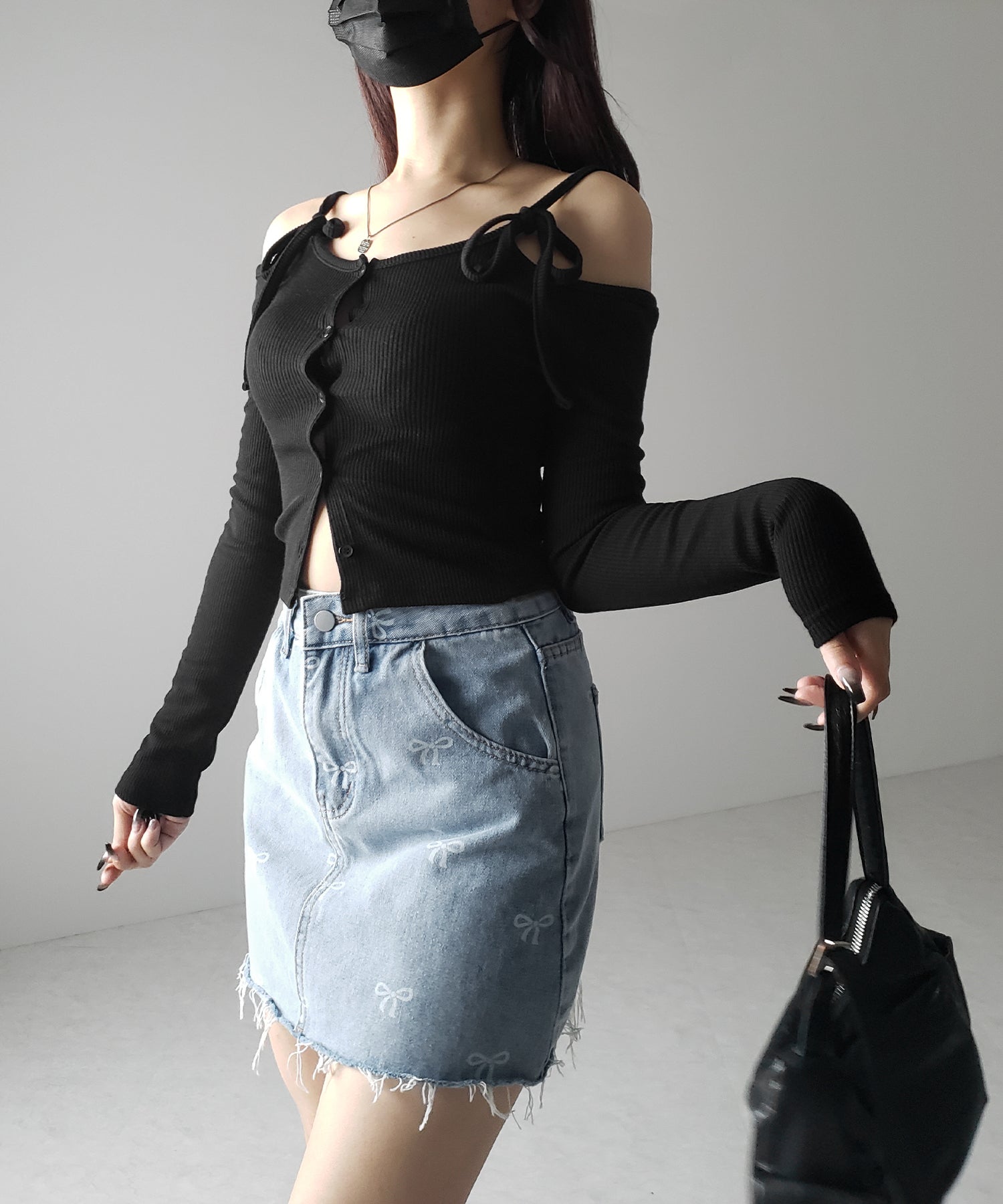 【 インパン裏地付き 】リボンプリントダメージデニムミニスカート / ribbon print damage denim mini skirt