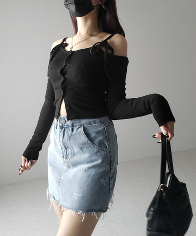 【 インパン裏地付き 】リボンプリントダメージデニムミニスカート / ribbon print damage denim mini skirt