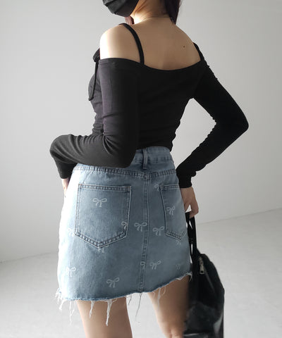 【 インパン裏地付き 】リボンプリントダメージデニムミニスカート / ribbon print damage denim mini skirt