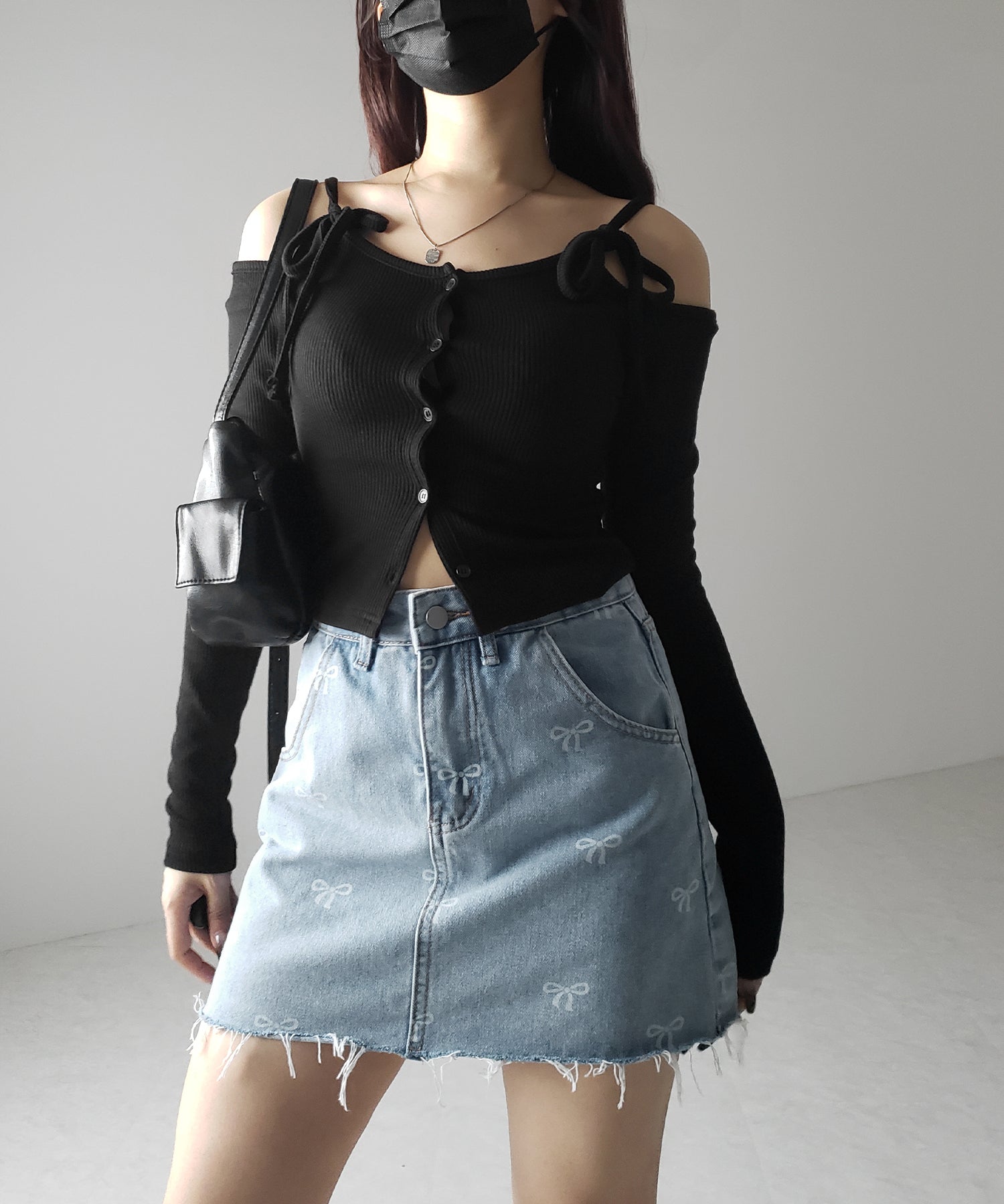 【 インパン裏地付き 】リボンプリントダメージデニムミニスカート / ribbon print damage denim mini skirt