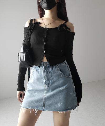 【 インパン裏地付き 】リボンプリントダメージデニムミニスカート / ribbon print damage denim mini skirt