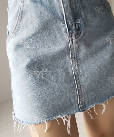 【 インパン裏地付き 】リボンプリントダメージデニムミニスカート / ribbon print damage denim mini skirt